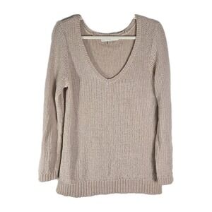 Boston Proper Women's Sz Medium Tan V Neck Open Knit Long Sleeve Weaved Sweater